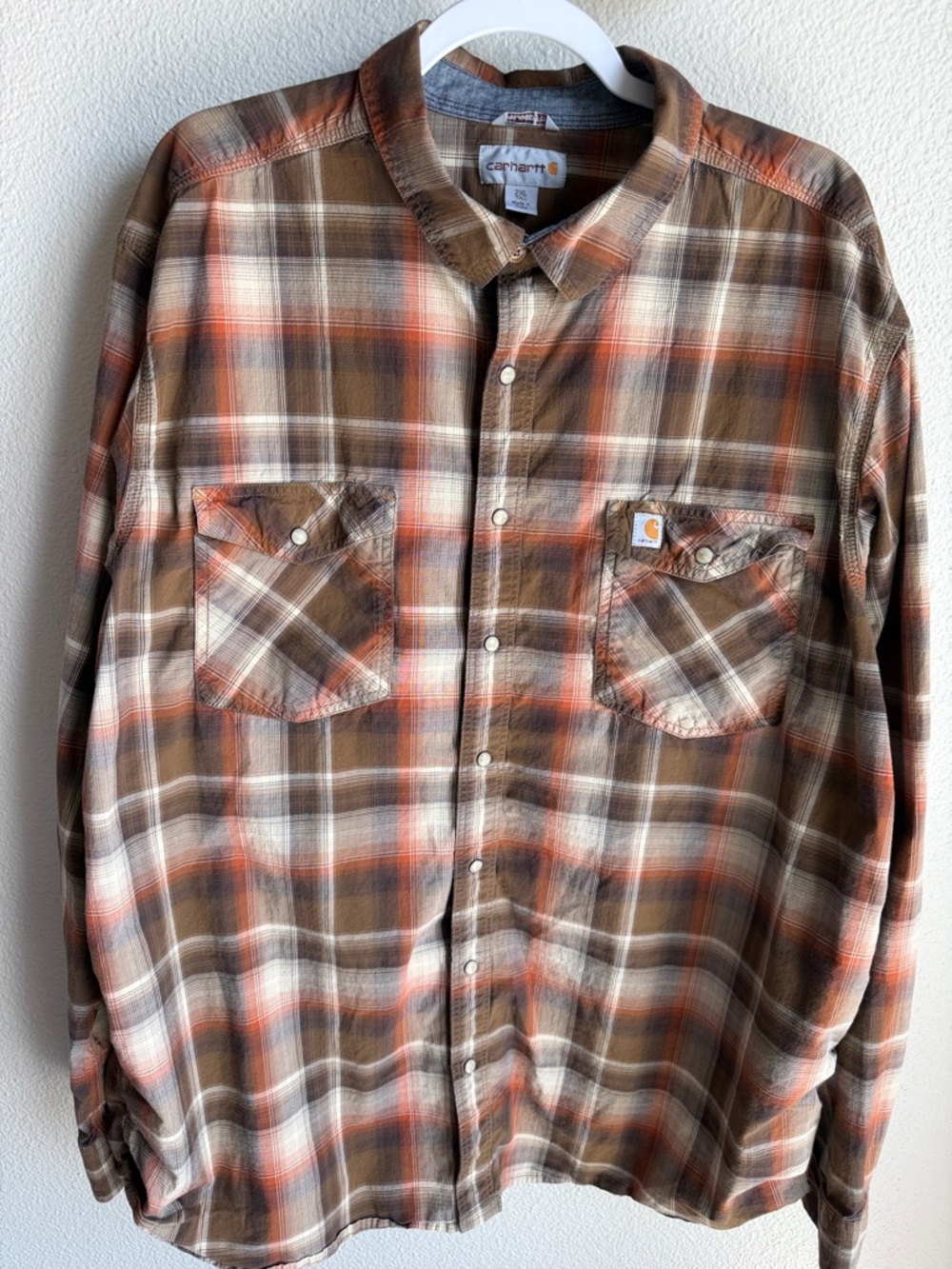 Carhartt Brown & Rust Plaid Button-Up 2XL Tall Pearl Button Shirt